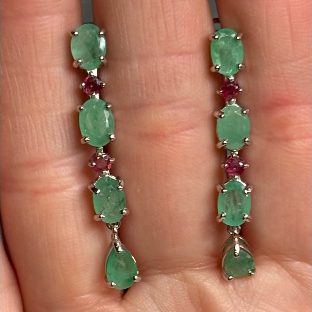 Sold!!  Stunning Natural Emerald & Ruby Drop Earrings in 925 Sterling Silver